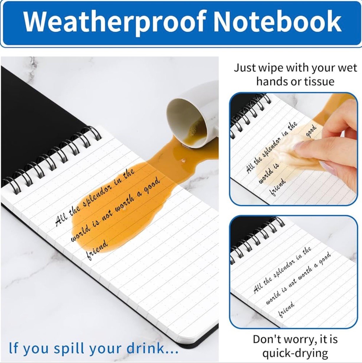 3 Pack Waterproof Notebook, 3 x 5 Pocket Notepad, All Weather Small Pocket Notebook Paper, Mini Spiral Notepad 100 Lined Pages - Image 2