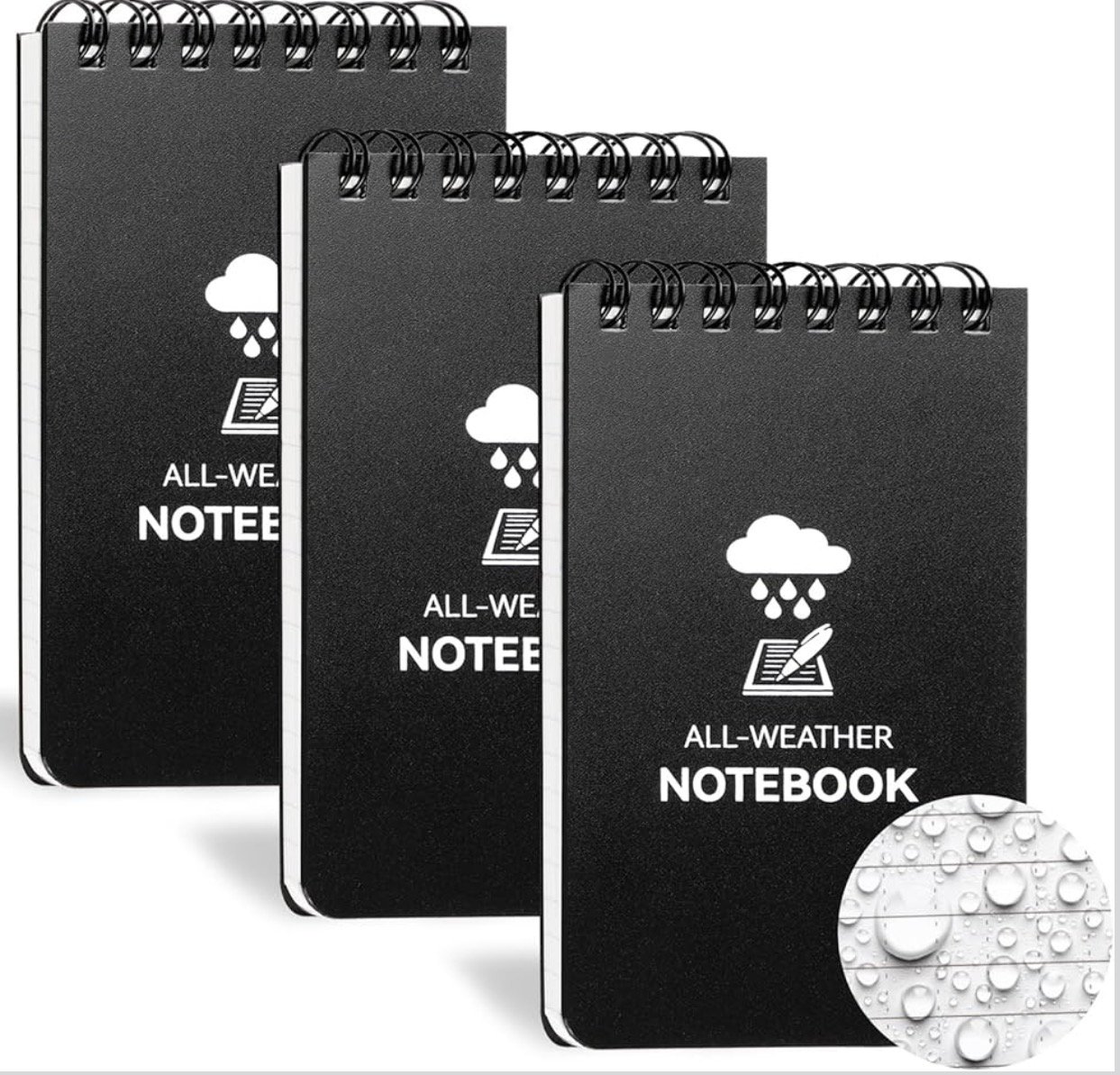 3 Pack Waterproof Notebook, 3 x 5 Pocket Notepad, All Weather Small Pocket Notebook Paper, Mini Spiral Notepad 100 Lined Pages