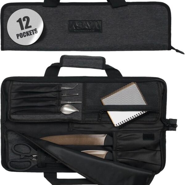 Asaya Chef Knife Roll Bag - 12 Pockets for Knives and Kitchen Utensils - Lightweight, Durable, and Stain Resistant Nylon - Perfect for the Traveling Chef - Knives not Included