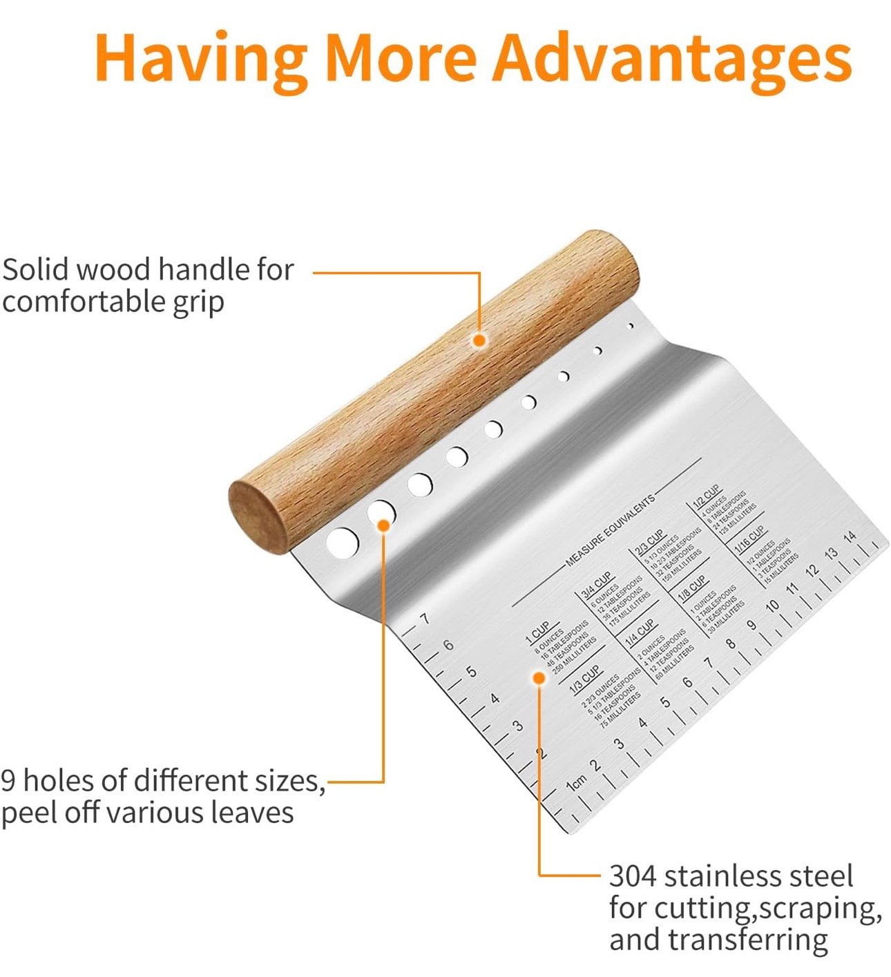 ALLTOP Dough Bench Scraper/Cutter/Chopper Stainless Steel Blade with Herb Stripper,Multipurpose Kitchen Pastry Tool with Scale Ruler - Leaf Remover - 1 Pack - Image 4