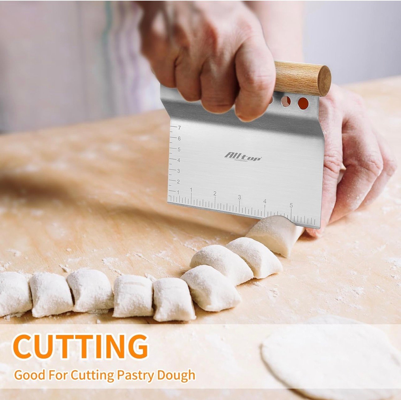 ALLTOP Dough Bench Scraper/Cutter/Chopper Stainless Steel Blade with Herb Stripper,Multipurpose Kitchen Pastry Tool with Scale Ruler - Leaf Remover - 1 Pack - Image 5