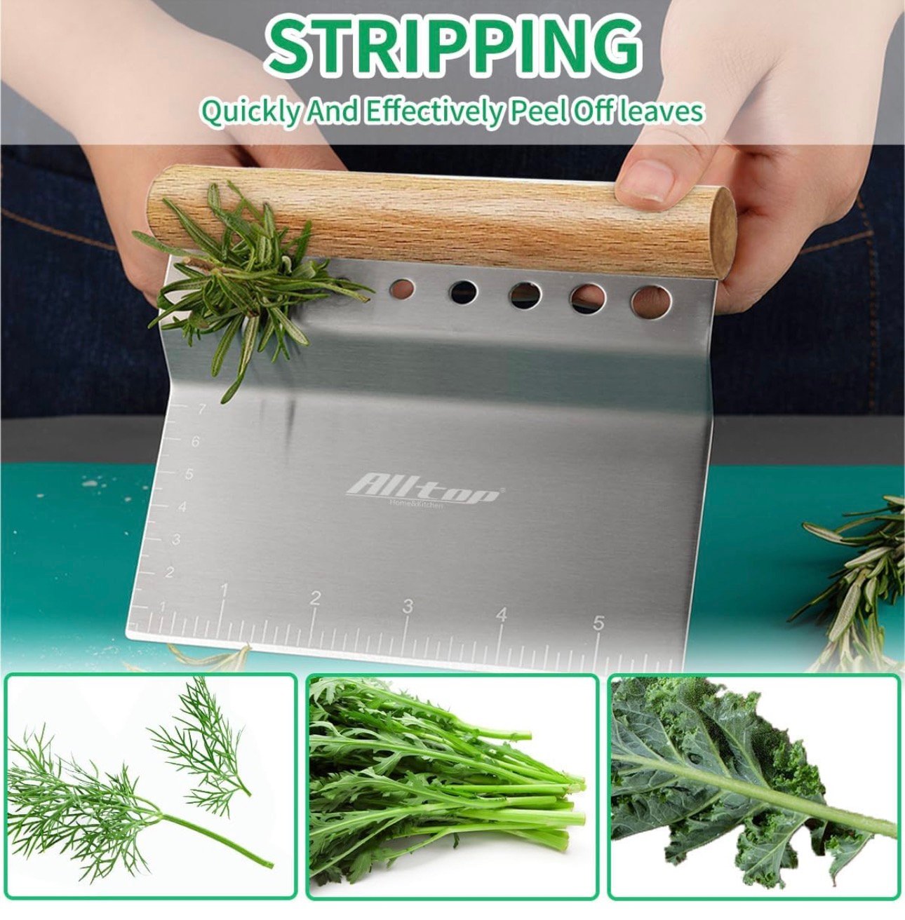 ALLTOP Dough Bench Scraper/Cutter/Chopper Stainless Steel Blade with Herb Stripper,Multipurpose Kitchen Pastry Tool with Scale Ruler - Leaf Remover - 1 Pack - Image 7