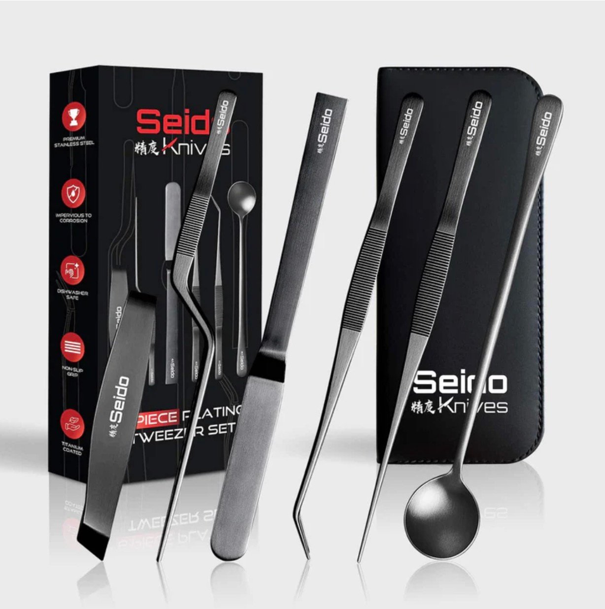 Seido 6-Piece Plating Tweezer Set – Professional Stainless Steel Culinary Tools with Non-Slip Grip, Straight & Curved Tweezers, Fish Bone Tweezer, Spatula, Tasting Spoon, Case Included