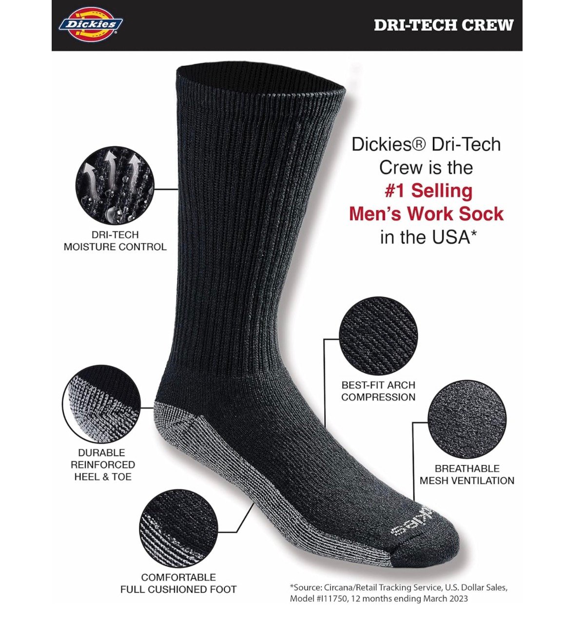 Dickies Men's Dri-Tech Original Moisture Control Crew Socks, Available in M-XXL (6, 12, 18 Pairs) - Image 3