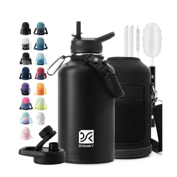 Insulated Water Bottle | Thickened Stainless Steel Vacuum Metal | Portable Sports Half Gallon Large Water Jug for Gym and Hiking with Straw, Carrier Bag, Handle Strap | BPA-Free 64 oz