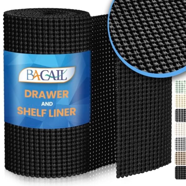 BAGAIL Drawer and Shelf Liner, 12 in X 10 Ft Non-Adhesive Shelf Liners for Kitchen Cabinets, Thick Strong Grip Liners for Desk, Shelves, Bathroom Drawers, Cabinet Protection - Black