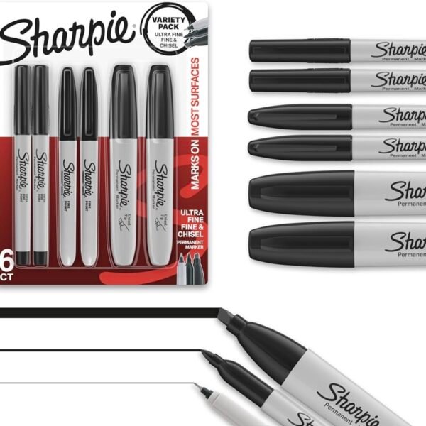 Sharpie Permanent Markers Variety Pack, Includes Chisel, Fine, and Ultra-Fine Tips, Marker Set, Writing, Coloring, Poster, Office, School Supplies, Black, 6 Count