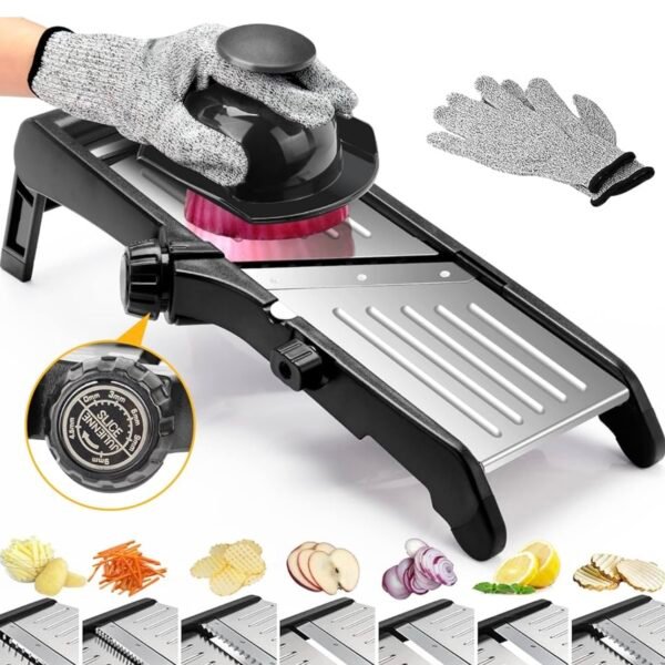 Mandoline Food slicer for kitchen, Adjustable Stainless Steel Mandoline Vegetable slicer, Food slicer Onion Potato Chip French Fry, 7 in-1 Adjustable Blade, Including 1 Pair of Gloves