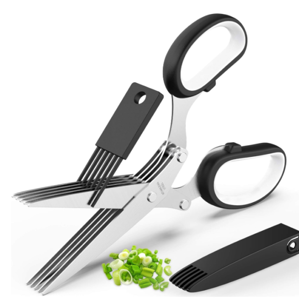 Fun Unique Kitchen Gadgets: Herb Scissors Set - Updated 2025 Cool Kitchen Tools for Cutting Fresh Garden Herbs - Sharp 5-Blade Shears with Cover, Anti-Rust Stainless Steel, Dishwasher Safe (Black)