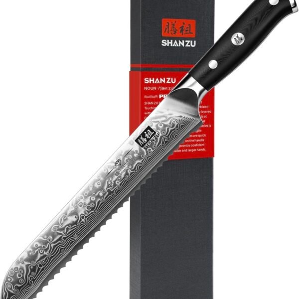 SHAN ZU Bread Knife 8 Inch Japanese Steel Damascus Serrated Knife Wave Edge, Professional Sharp 10Cr15Mov High Carbon Super Steel Cake Knife Bread Cutter with G10 Handle