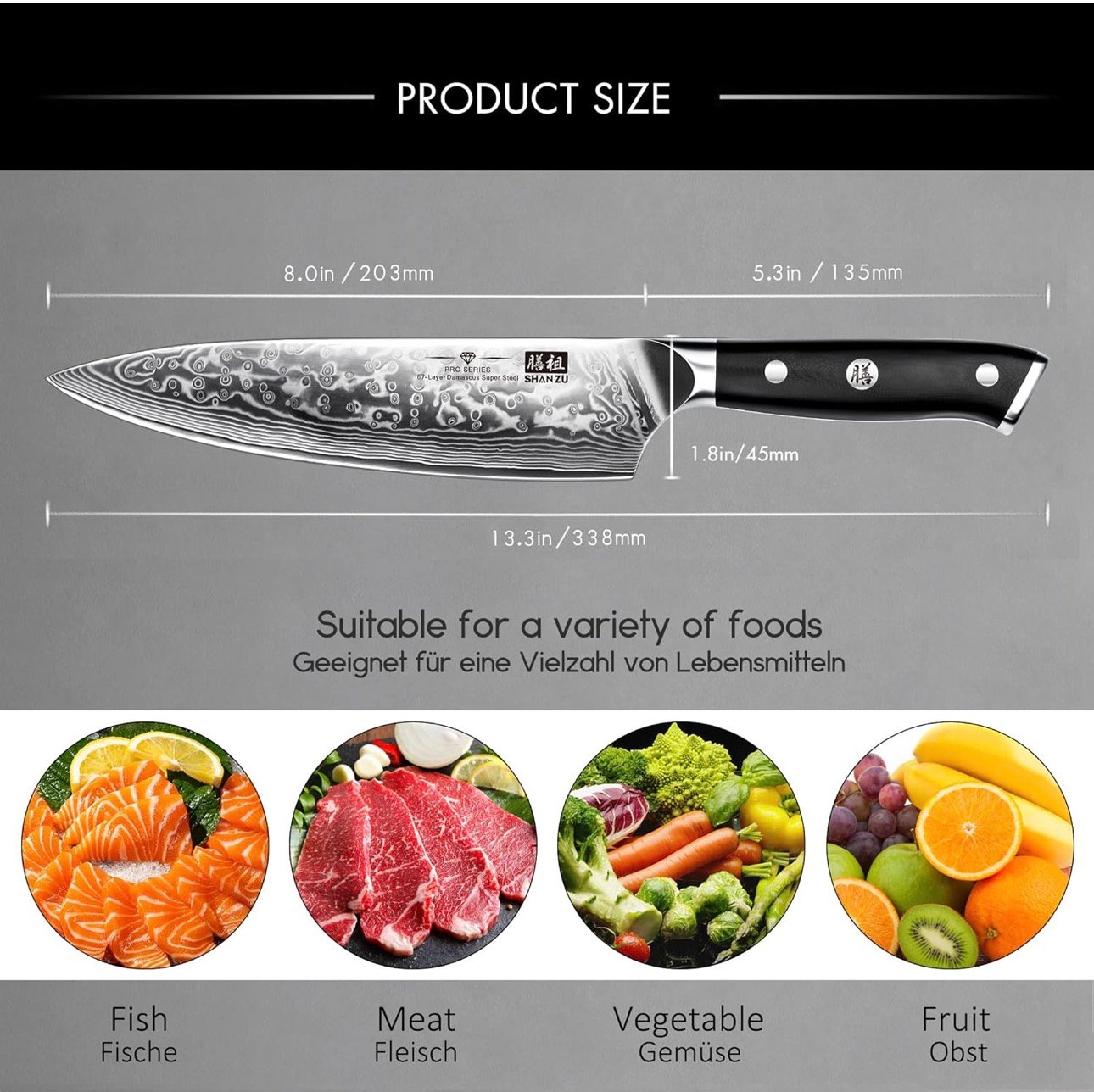 Shan Zu Chef Knife 8 Inch Japanese Steel Damascus Kitchen Knife, Professional Kitchen Knives Sharp High Carbon Super Steel Kitchen Utility Knife - Image 3