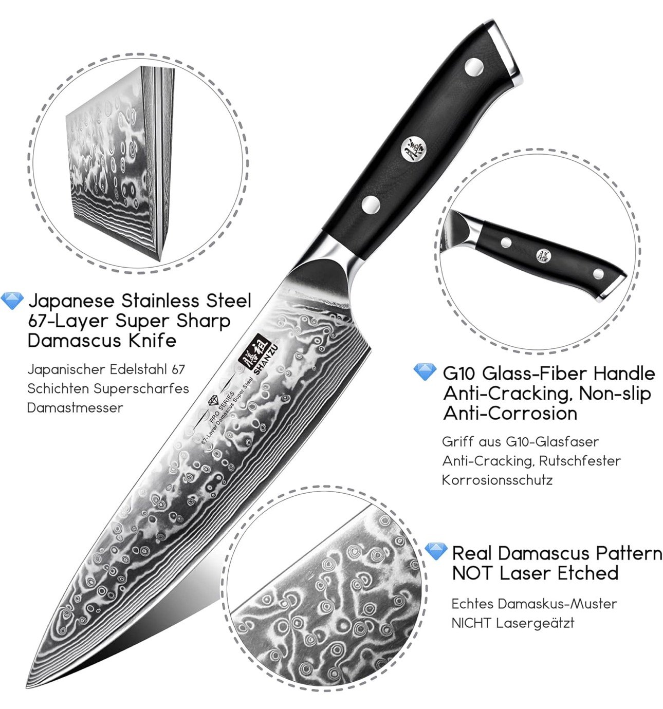 Shan Zu Chef Knife 8 Inch Japanese Steel Damascus Kitchen Knife, Professional Kitchen Knives Sharp High Carbon Super Steel Kitchen Utility Knife - Image 4