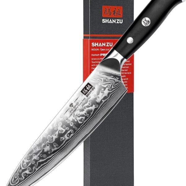 Shan Zu Chef Knife 8 Inch Japanese Steel Damascus Kitchen Knife, Professional Kitchen Knives Sharp High Carbon Super Steel Kitchen Utility Knife