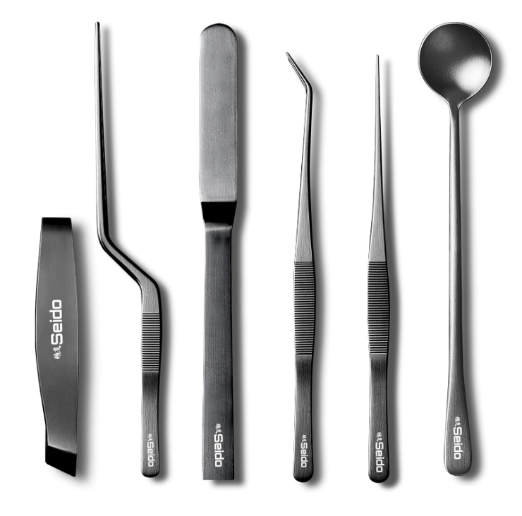 Seido 6-Piece Plating Tweezer Set – Professional Stainless Steel Culinary Tools with Non-Slip Grip, Straight & Curved Tweezers, Fish Bone Tweezer, Spatula, Tasting Spoon, Case Included - Image 2