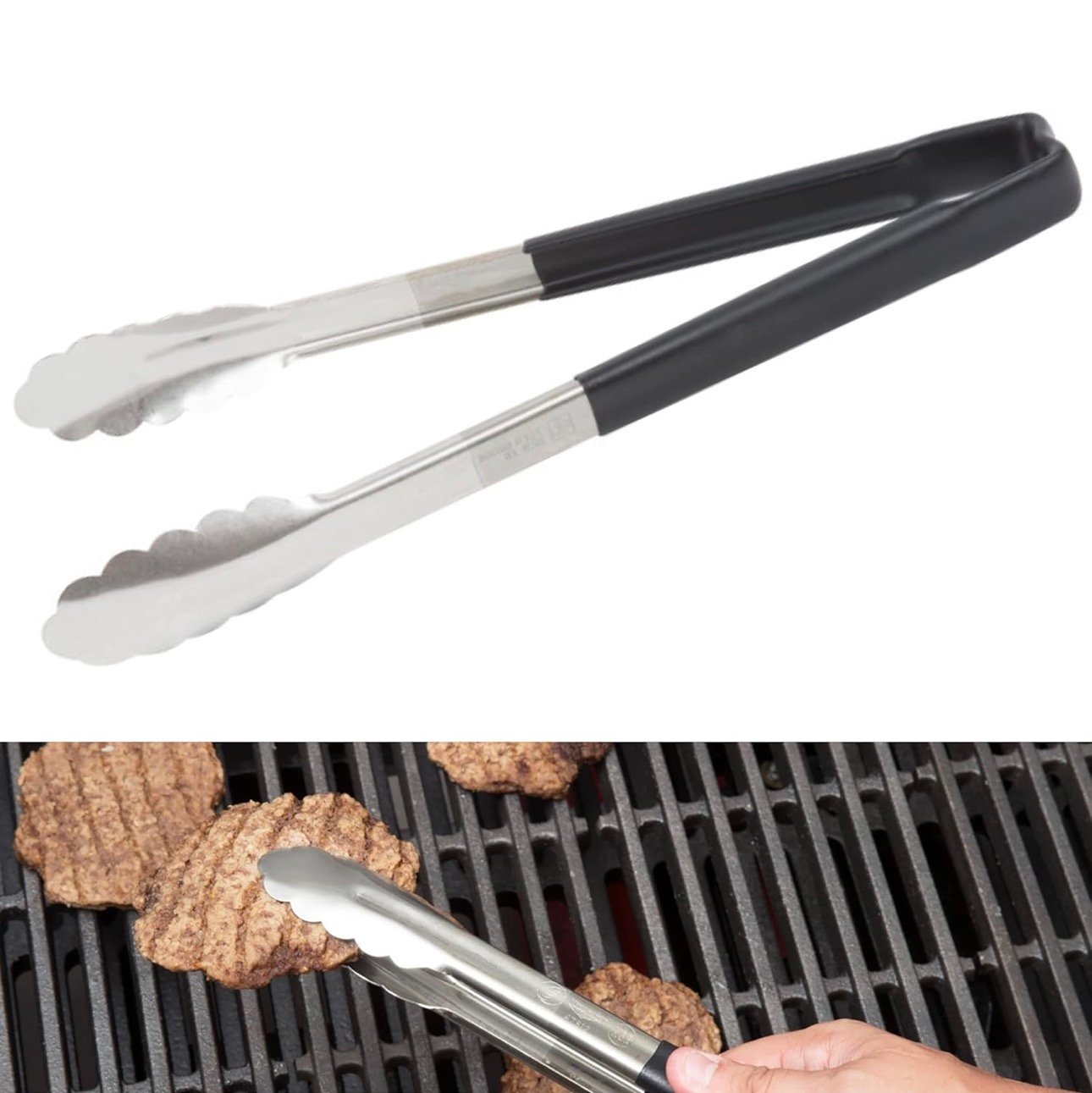 12-Inch 1-Piece Tong, Stainless Steel, Black Handle - Image 2
