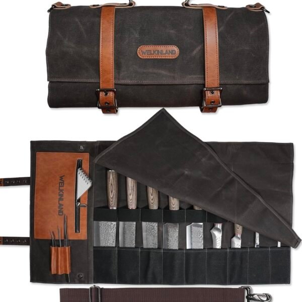 WELKINLAND 13-Pocket Knife Roll, Waxed-Canvas Leather Knife Roll Bag, Heavy-Duty Chef Knife Roll Bag, WaterProof Knife Wrap Roll, Portable Chef Knife Roll Up
